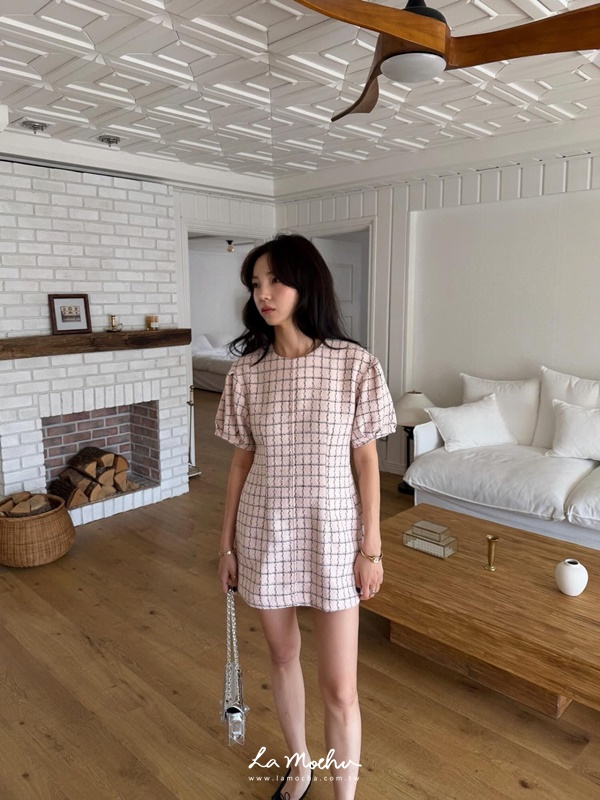 格紋氣質短澎袖洋裝